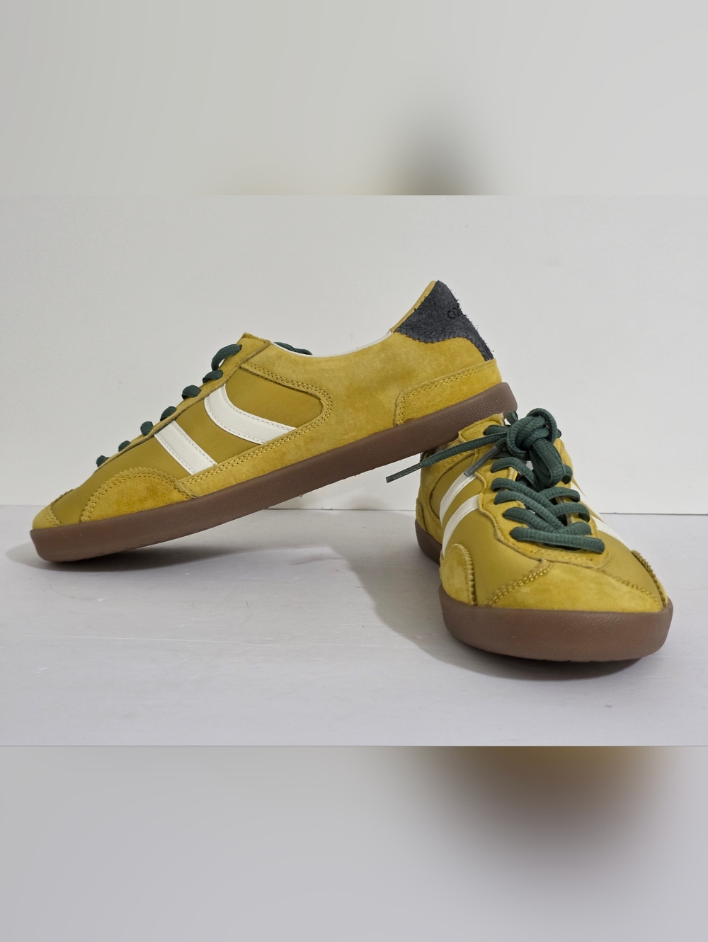 Coolway Mustard Yellow Suede Sneakers with White Stripes and Dark Green Laces - Picture 6 of 9